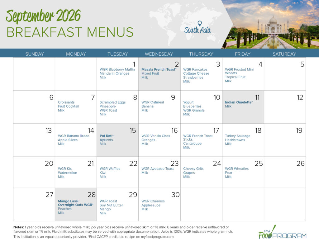 September 2026 Breakfast Menus