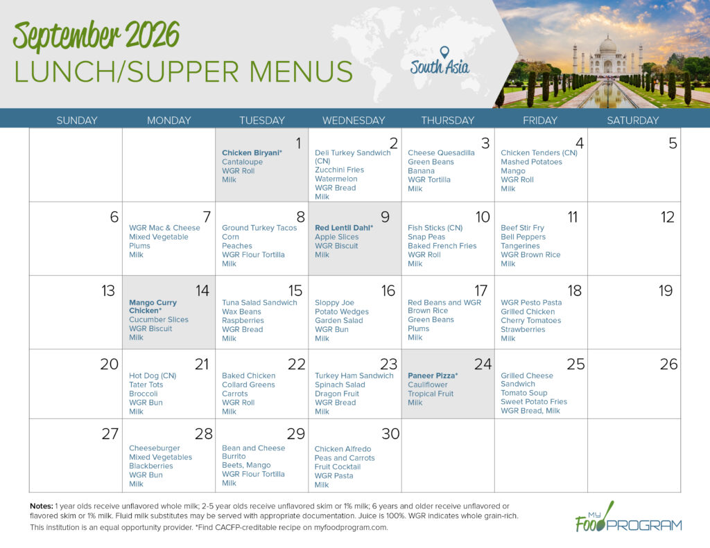 September 2026 Lunch/Supper Menus