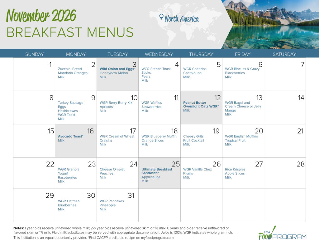 My Food Program November 2026 Breakfast Menu