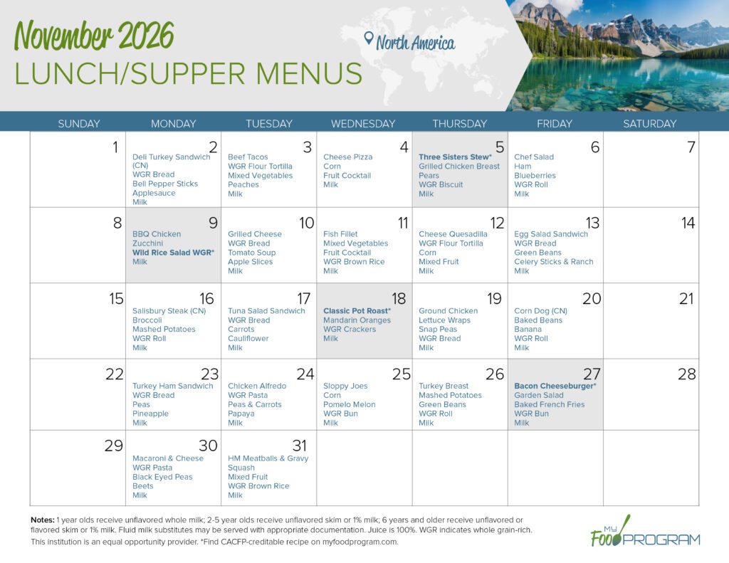 My Food Program November 2026 Lunch/Supper Menu