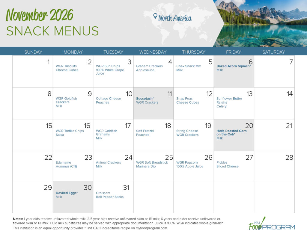 My Food Program November 2026 Snack Menu